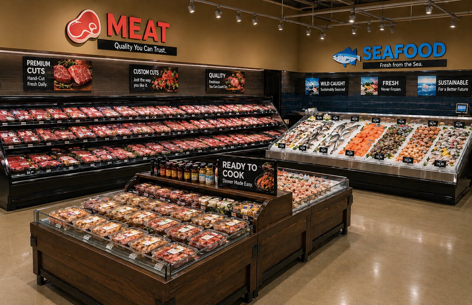 Meat and seafood department at Universal Food Markets